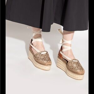 Tory Burch Tan Espadrille Wedge Shoes